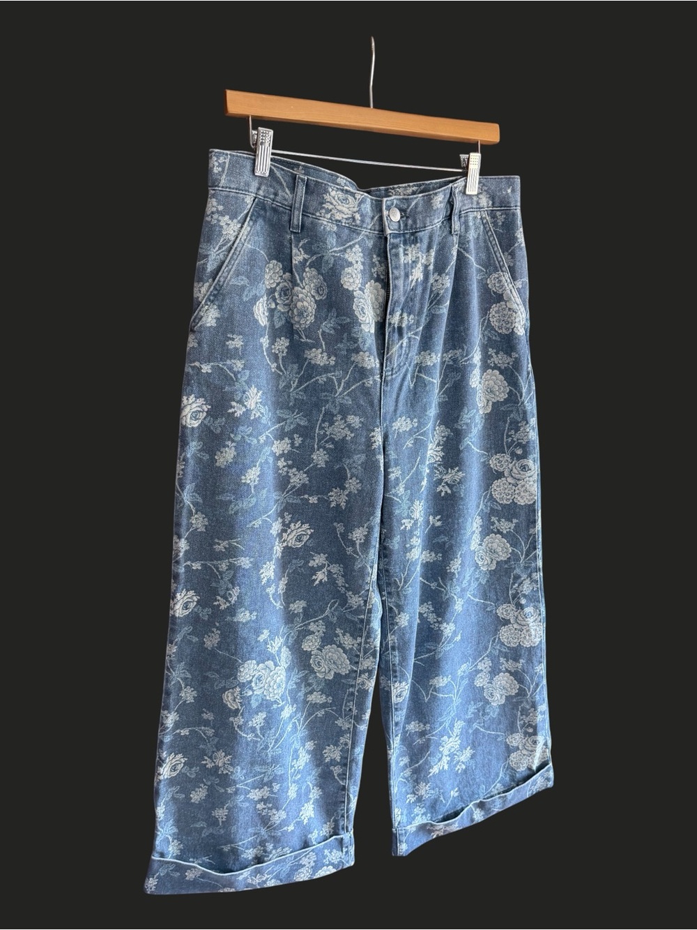 PILCRO The Leon Double Hem High-Rise Wide-Leg Cuffed Jeans Floral 30 - Picture 6 of 15